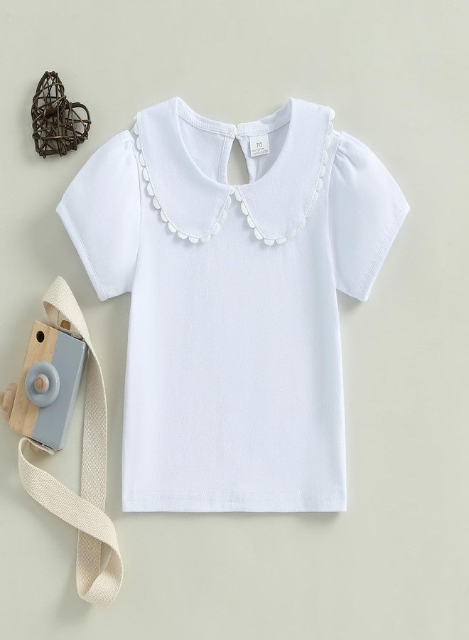 Pudcoco Toddler Baby Girls Ruffle Doll Collar Shirt Puff Short Sleeve Basic Solid Color Top Blouse Tee (White, 4-5 Years) - Image 3