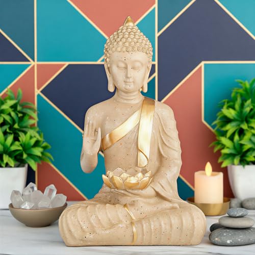 Heeran Art New Meditating Sitting Buddha Statue showpiece Idol Home Decor Items for Living Room and Gifts (Stone White, Medium) - Image 1