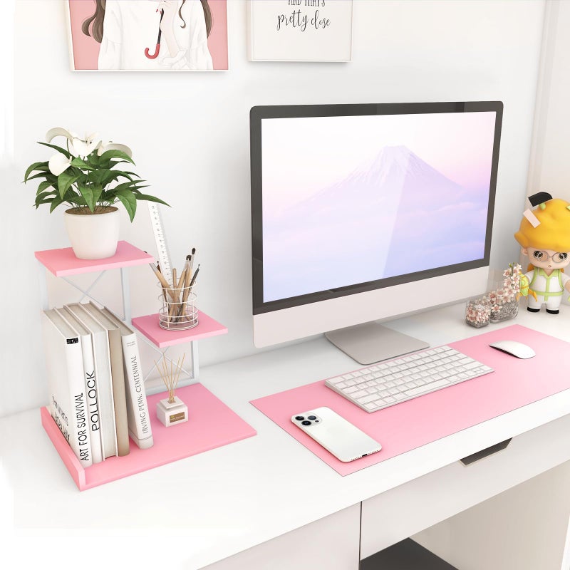 ELITEROO Desktop Shelf, Aesthetic Desk Organizer Table Top Mini Bookshelf, 3 Tier Wooden Desk Supplies Organizers and Storage Stand Cubicle Accessories for Women Office, Pink - Image 3