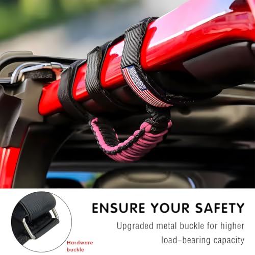 HZEL 2PCS Roll Bar Grab Handles, Oxford Cloth Upgrade Metal Buckle Paracord Grip Handles, Durable and Strong Car Accessories, Compatible with Wrangler JL, JLU, JT, JK, JKU, TJ, LJ and YJ (Pink) - Image 3