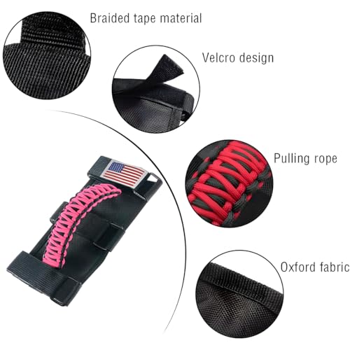 HZEL 2PCS Roll Bar Grab Handles, Oxford Cloth Upgrade Metal Buckle Paracord Grip Handles, Durable and Strong Car Accessories, Compatible with Wrangler JL, JLU, JT, JK, JKU, TJ, LJ and YJ (Pink) - Image 2