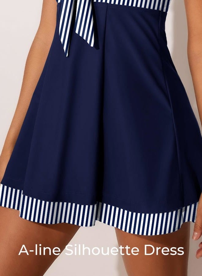 Miyang Women's One Piece High Waist Printing Swim Dress Padded Swimwear, Blue Stripes, L - Image 5
