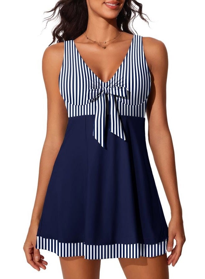 Miyang Women's One Piece High Waist Printing Swim Dress Padded Swimwear, Blue Stripes, L - Image 1