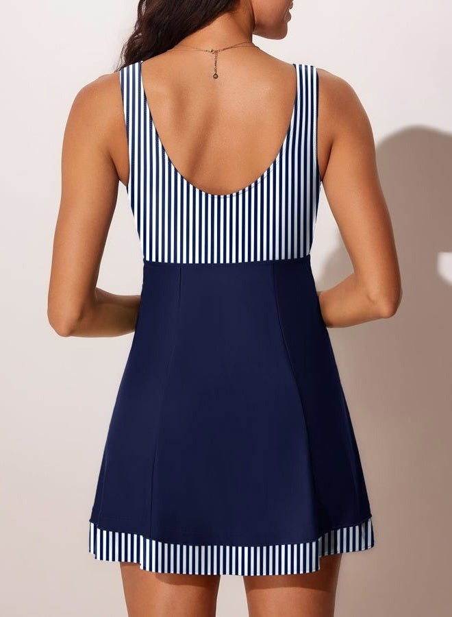 Miyang Women's One Piece High Waist Printing Swim Dress Padded Swimwear, Blue Stripes, L - Image 3