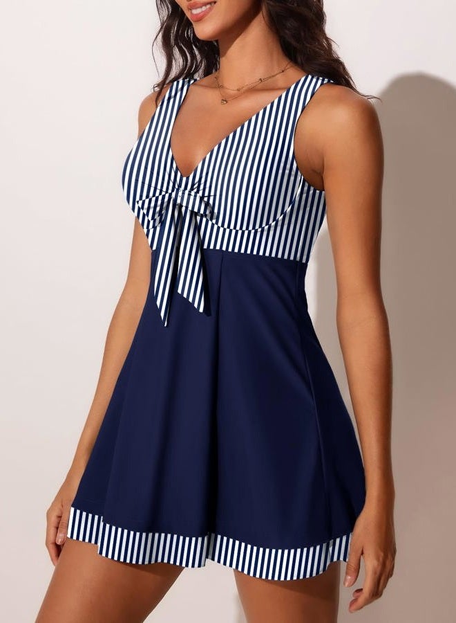 Miyang Women's One Piece High Waist Printing Swim Dress Padded Swimwear, Blue Stripes, L - Image 2