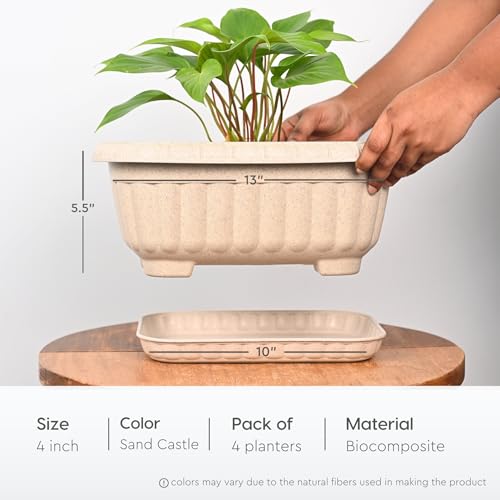 Eha Earth Friendly Growlite 13 inch Pots for Plants with Tray | Bamboo Based Plant Pots | Pack of 4 | UV Protected Planters for Home Decor Indoor, Outdoor, Balcony & Garden Flower pots | Sand Castle - Image 2