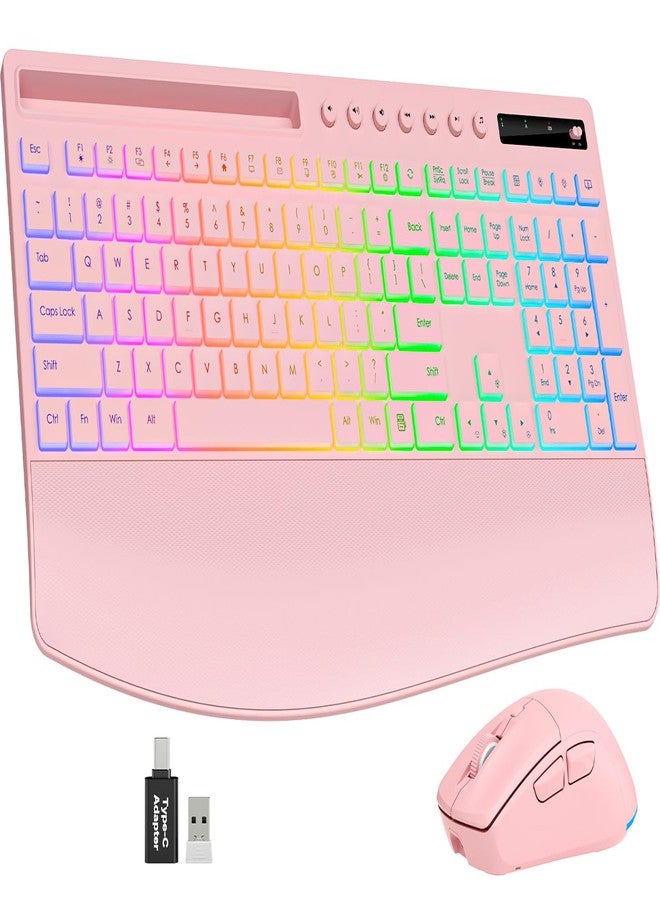 Trueque Wireless Keyboard and Mouse Combo, 4000mAh Rechargeable Backlit Keyboard with Wrist Rest & Phone Holder, Full Size Quiet Typing, 2.4G USB-A/Type-C for PC, Laptop, Windows, Chrome OS (Pink) - Image 1