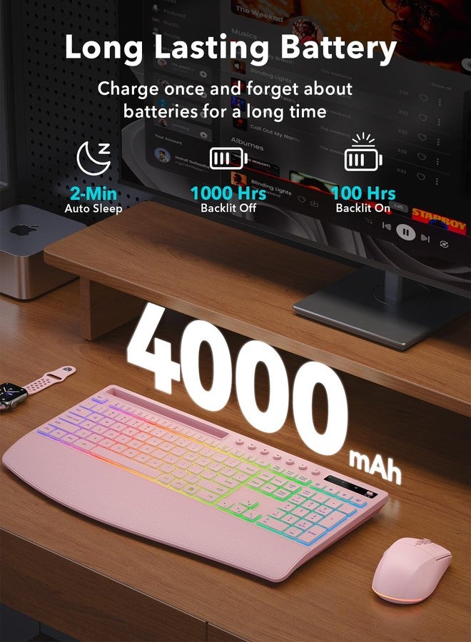 Trueque Wireless Keyboard and Mouse Combo, 4000mAh Rechargeable Backlit Keyboard with Wrist Rest & Phone Holder, Full Size Quiet Typing, 2.4G USB-A/Type-C for PC, Laptop, Windows, Chrome OS (Pink) - Image 2