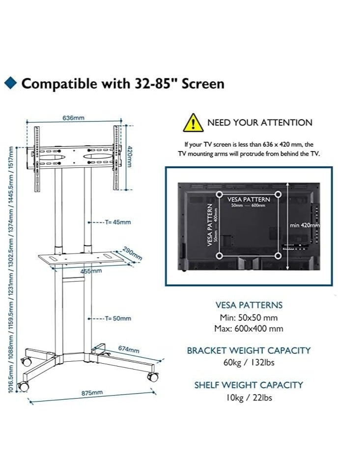ELTRAZONE - Portable TV Stand Mobile TV Stand For 32-65 In Plasma/LCD/LED Home Display Rolling Floor TV Cart VESA 200x200 To 600x400 TV Trolley On Wheels With Shelf Max Loading Capacity 50kg - Image 1