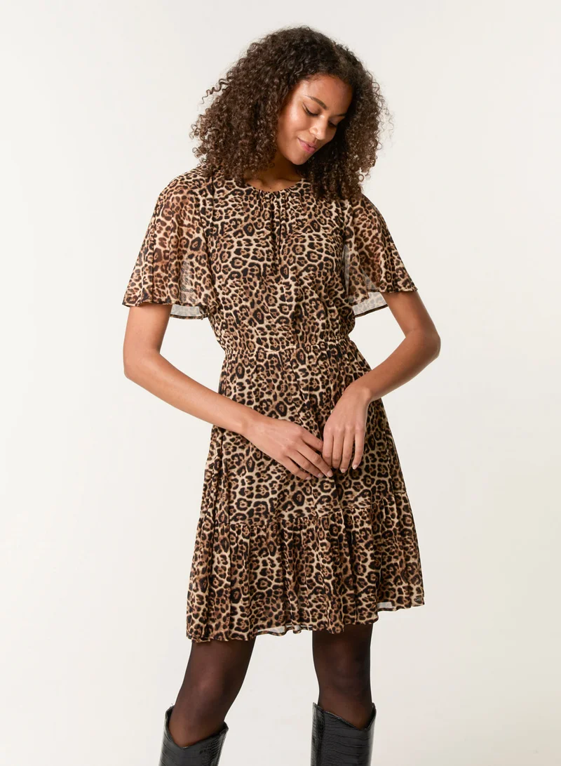 بلو فانيلا Leopard Print Mesh Crew Neck Mini Dress