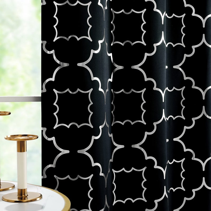 Purainbow Black Blackout Curtain Panels for Bedroom 84" Silver Foil Moroccan Metallic Print Energy Efficient Drapes for Bedroom Living Room, Thermal Insulated Window Treatments Grommet Top 2 Panels - Image 2