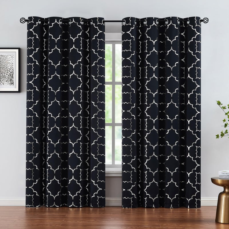 Purainbow Black Blackout Curtain Panels for Bedroom 84" Silver Foil Moroccan Metallic Print Energy Efficient Drapes for Bedroom Living Room, Thermal Insulated Window Treatments Grommet Top 2 Panels - Image 1