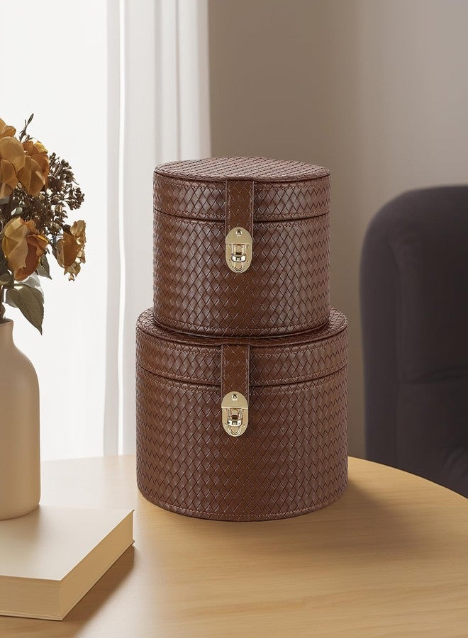 ELPMD Large Leathe Decorative Boxes Set of 2 Round Hat Box Bin Basket with Lid for Shelf Coffee Table Storage Remotes Modern Home Decor (brown) - Image 3