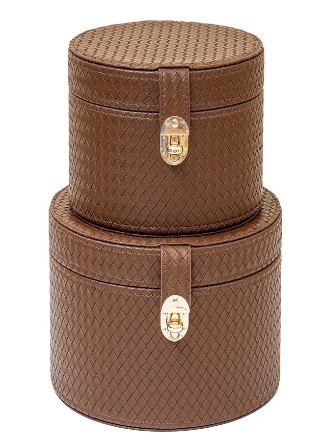 ELPMD Large Leathe Decorative Boxes Set of 2 Round Hat Box Bin Basket with Lid for Shelf Coffee Table Storage Remotes Modern Home Decor (brown) - Image 1