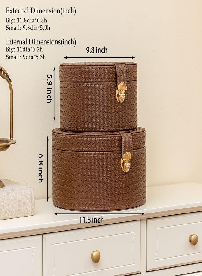 ELPMD Large Leathe Decorative Boxes Set of 2 Round Hat Box Bin Basket with Lid for Shelf Coffee Table Storage Remotes Modern Home Decor (brown) - Image 2