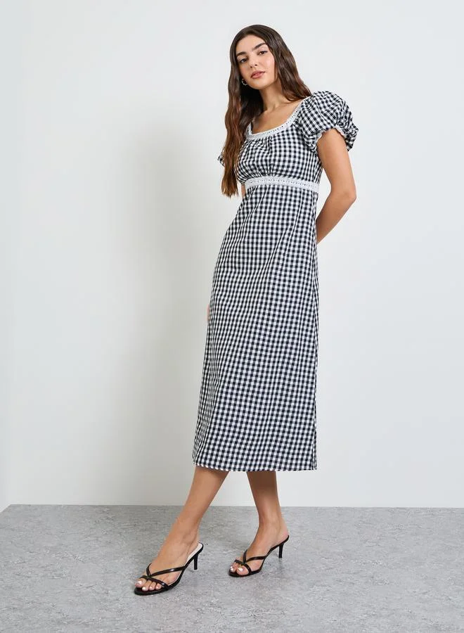 Styli Black Gingham Check Square Neck Midi Dress