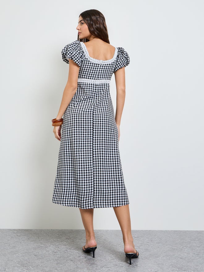 Styli Black Gingham Check Square Neck Midi Dress - Image 5