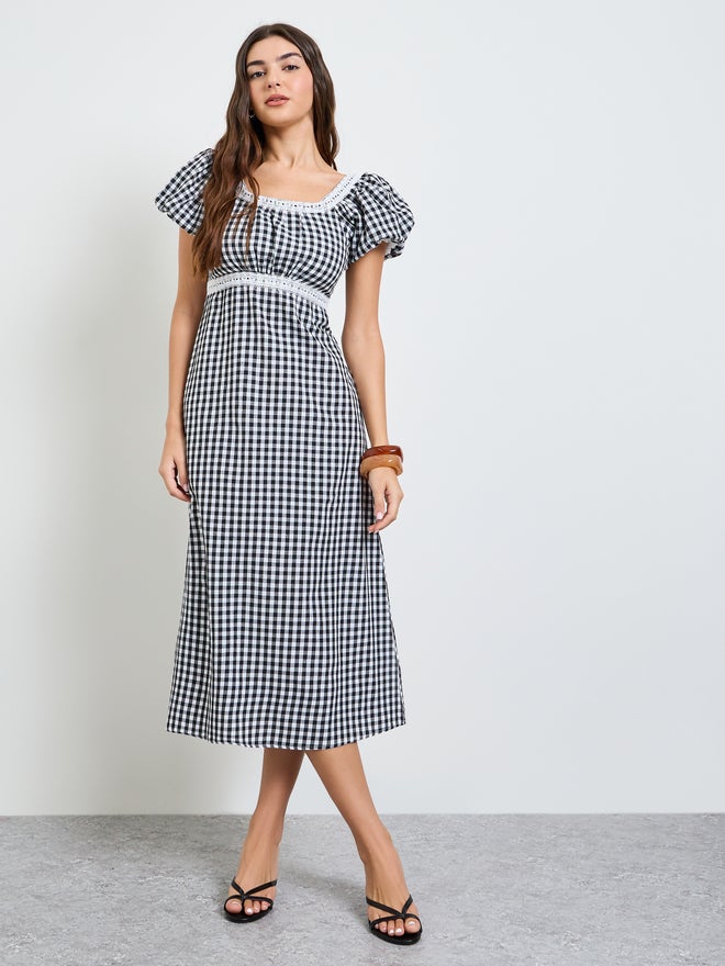Styli Black Gingham Check Square Neck Midi Dress - Image 3