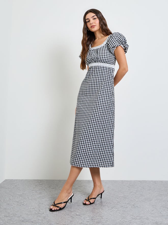 Styli Black Gingham Check Square Neck Midi Dress - Image 1