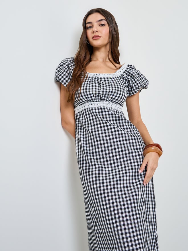 Styli Black Gingham Check Square Neck Midi Dress - Image 2