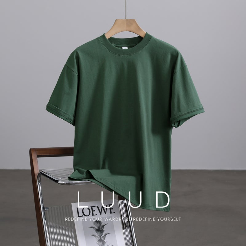 LUUD heavy cool combed cotton simple short-sleeved T-shirt men's summer fashion brand fitted T-shirt casual round neck top - Image 2