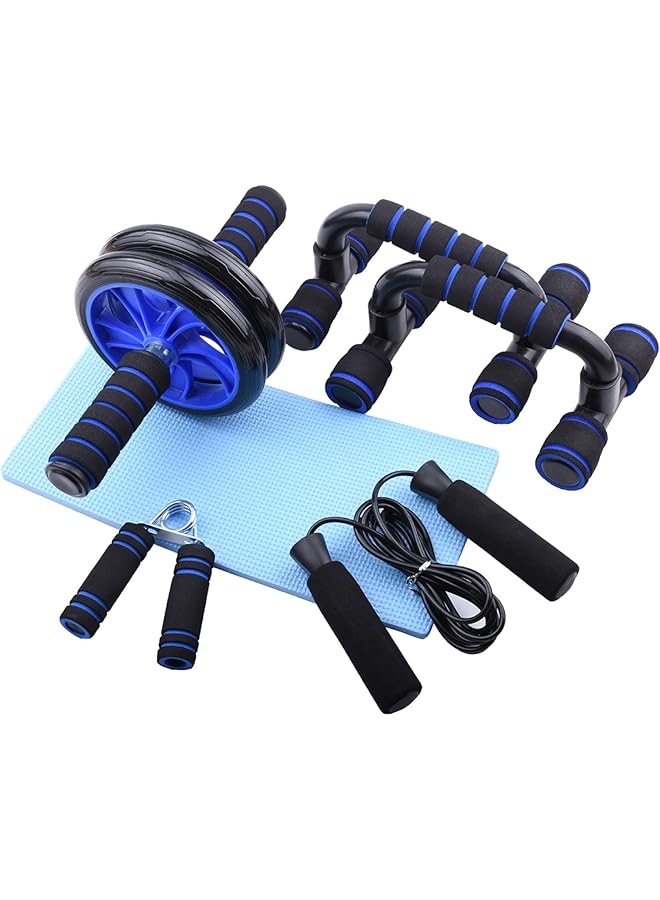 HALAMODO 5PCS Fitness Exercise Set AB Trainer Power Wheel Roller Push up stands Jump Rope Hand Grip Set Home Gyms Abdominal Muscle Exerciser Fitness Workout Equipment(Blue)  - Image 1