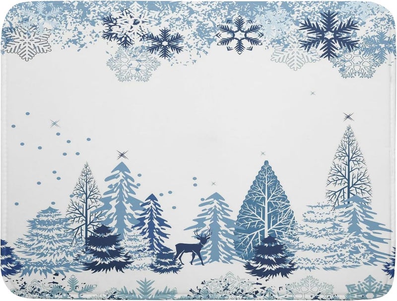 Giwawa Winter Blue Snowflake Dish Drying Mat Christmas Tree Kitchen Counter Dish Drainer Mats Xmas Forest Deer Moose Dish Dry Pad Bottles Protector for Kitchen Countertop Coffee Bar, 18x24 inch Large - Image 1