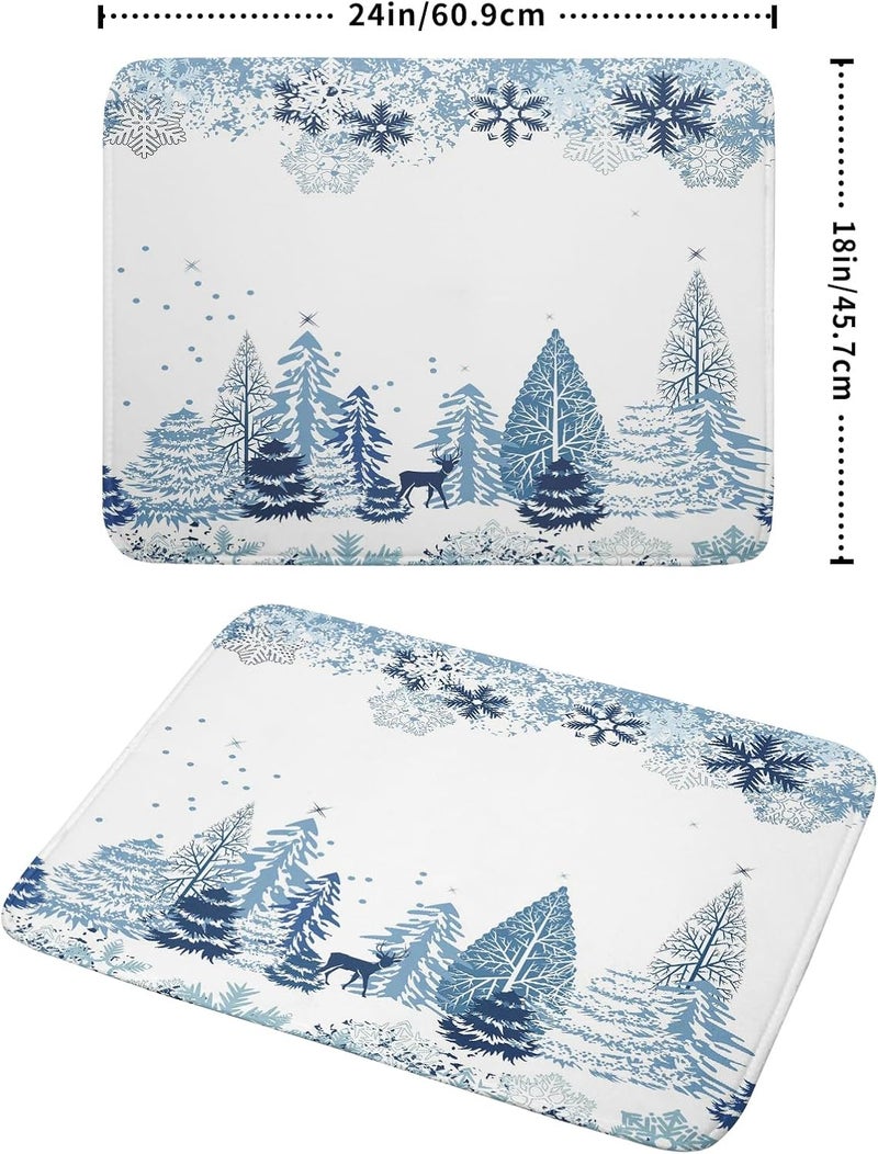 Giwawa Winter Blue Snowflake Dish Drying Mat Christmas Tree Kitchen Counter Dish Drainer Mats Xmas Forest Deer Moose Dish Dry Pad Bottles Protector for Kitchen Countertop Coffee Bar, 18x24 inch Large - Image 2