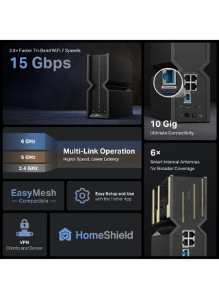 Archer BE700, BE15000 Tri-Band Wi-Fi 7 Router, 15Gbps, 6GHz, 6 Internal Antennas, 10G Ports, VPN, EasyMesh, Multi Link, HomeShield, Easy Setup, Tether App BLACK - view 4