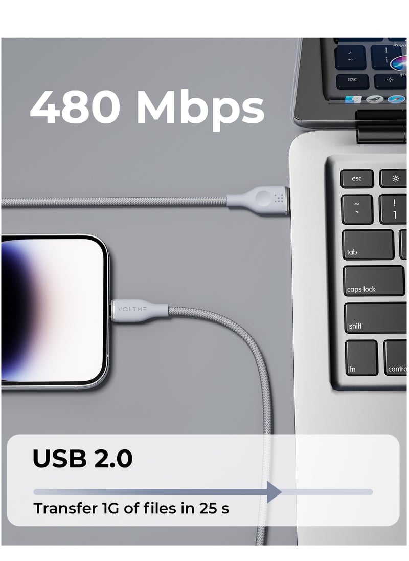 VOLTME - iPhone Cable USB-A to Lightning 4ft (1.2m), Double Nylon Braided, Fast Charging 3A, Zinc-Alloy Connector, Compatible with iPhone 14/13/12 Pro Max/12/11 Pro/X/XS/XR/8 Plus, iPad, iPod, Durable Tangle-Free Cord, High-Speed Data Sync, Apple Charger Cable (Grey) - Image 1