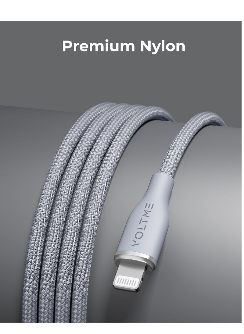 VOLTME - iPhone Cable USB-A to Lightning 4ft (1.2m), Double Nylon Braided, Fast Charging 3A, Zinc-Alloy Connector, Compatible with iPhone 14/13/12 Pro Max/12/11 Pro/X/XS/XR/8 Plus, iPad, iPod, Durable Tangle-Free Cord, High-Speed Data Sync, Apple Charger Cable (Grey) - Image 1