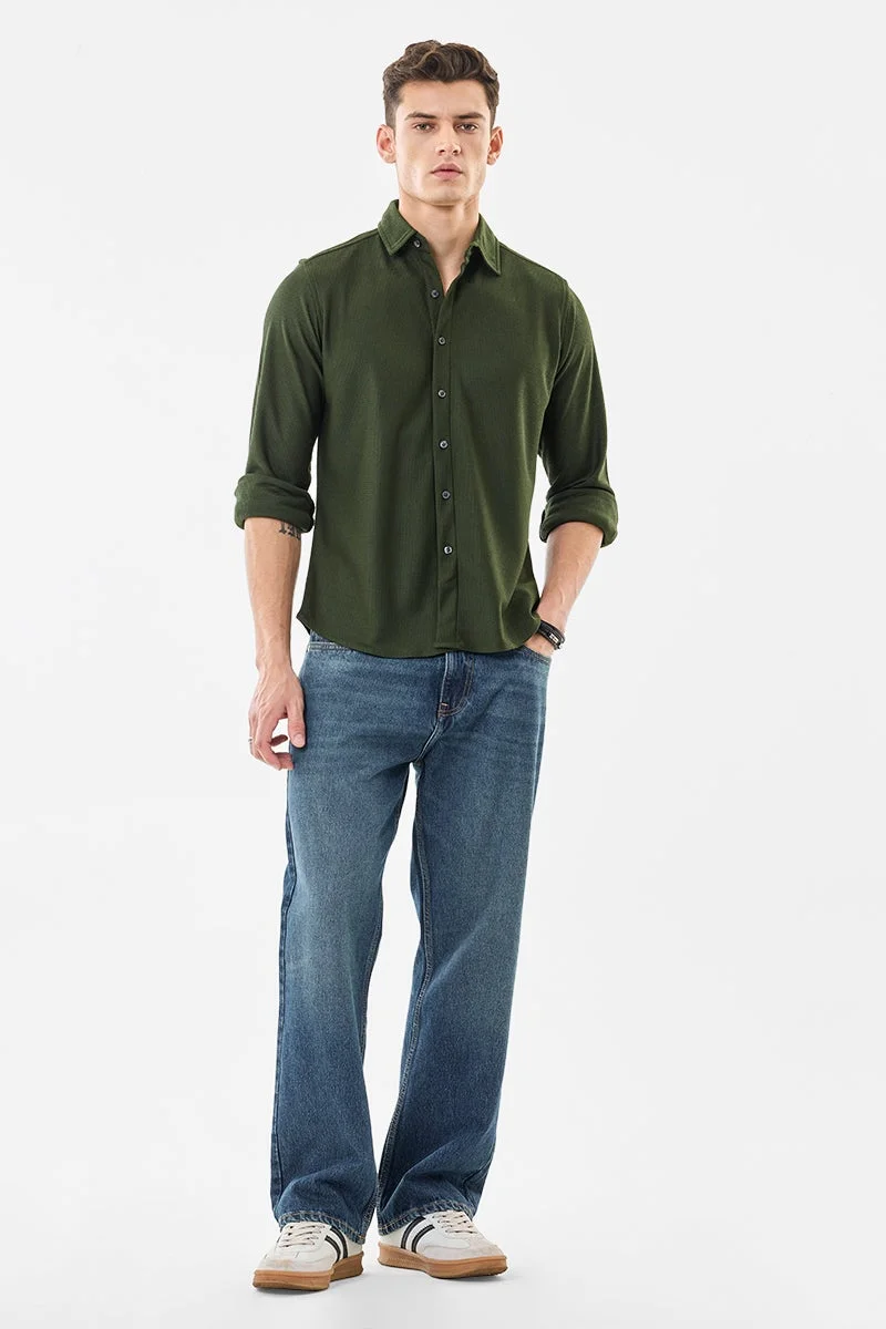 سنيتش Olive Textured Long Sleeve Slim Fit Shirt