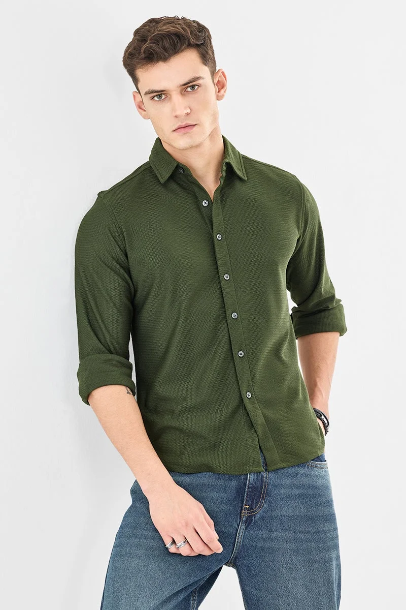 سنيتش Olive Textured Long Sleeve Slim Fit Shirt