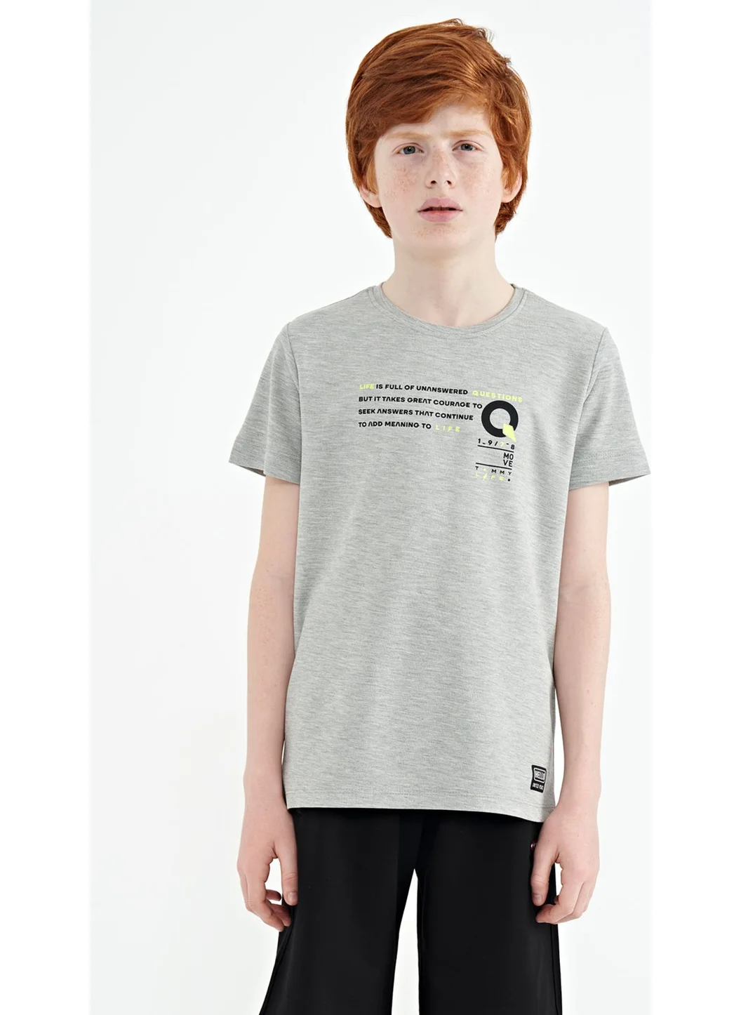 Tommy Life Gray Melange Print Detailed O Neck Standard Pattern Boy T-Shirt - 11145