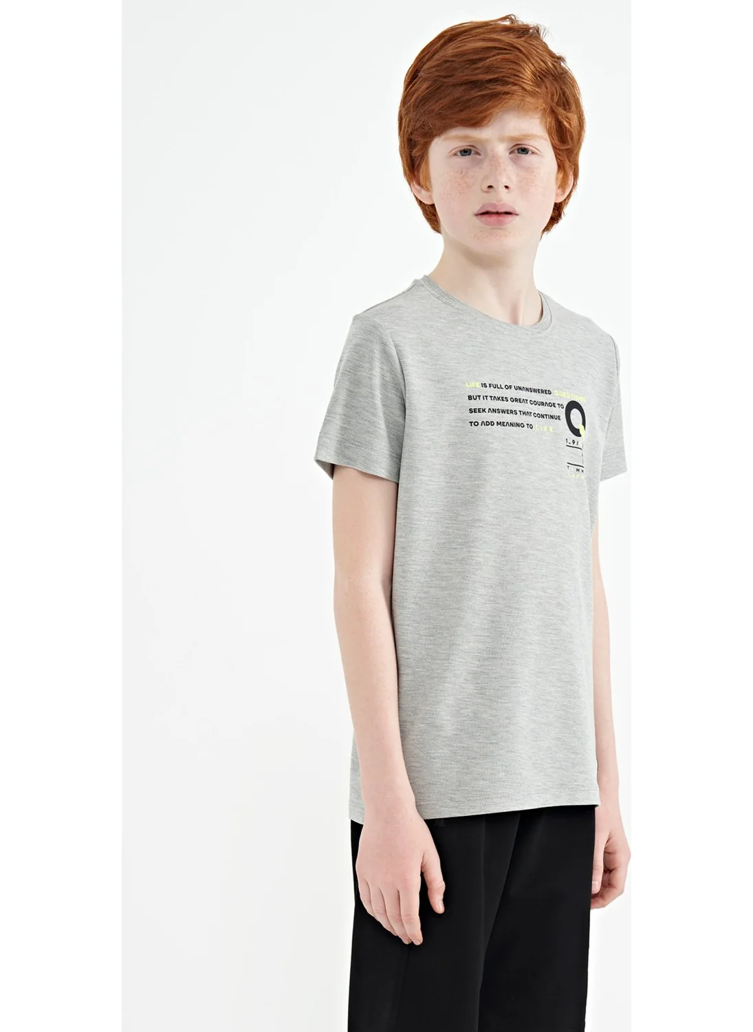 Tommy Life Gray Melange Print Detailed O Neck Standard Pattern Boy T-Shirt - 11145
