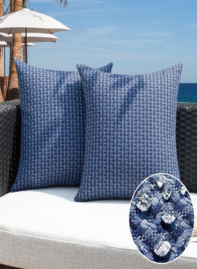 K KEVIN TEXTILE Outdoor Waterproof Throw Pillow Covers Pack of 2 Weaving Texture Water Resistant Outside Decorative Cushion Covers for Garden Patio Tent Balcony Bench Couch Sofa 18x18 Inch, Navy Blue - Image 1