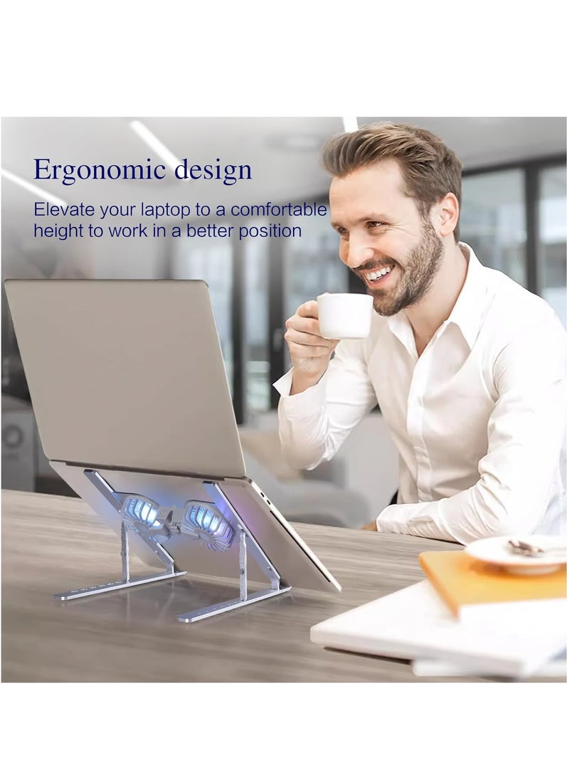 Generic Aluminum Foldable Laptop Stand with Dual Cooling Fans and RGB Lighting Compatible with 10-15.6 Inch Laptops Silver  - Image 2