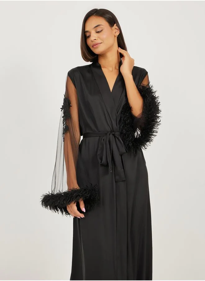 Styli Styli Embroidered and Faux Fur Trim Mesh Sleeves Robe