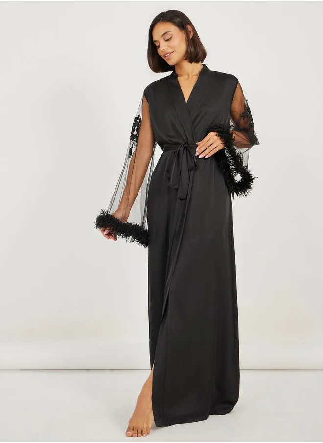 Styli Styli Embroidered and Faux Fur Trim Mesh Sleeves Robe