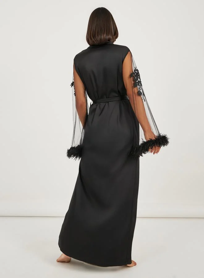 Styli Styli Embroidered and Faux Fur Trim Mesh Sleeves Robe