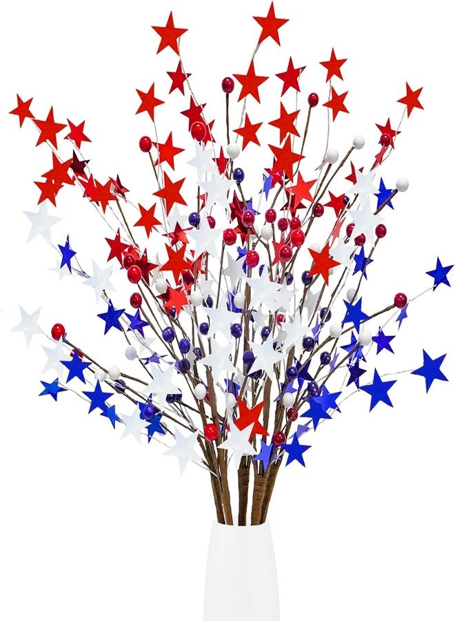 obbsie 6pcs Patriotic Floral Picks, 23.2" Red Blue White Stars 4th of July Picks Table Centerpiece for Home Independence Day Memorial Day 4th of July Decorations - Image 1