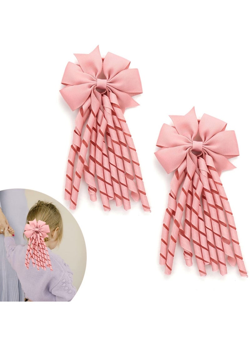 Excefore Hair Bow Spiral Streamers, 2 Pcs Curly Bow Hair Bands Kids Spiral Hair Ties Ponytail Holder Hair Ribbons Bobbles for Girls Toddler Kids, Girls School Hair Accessories - Image 1