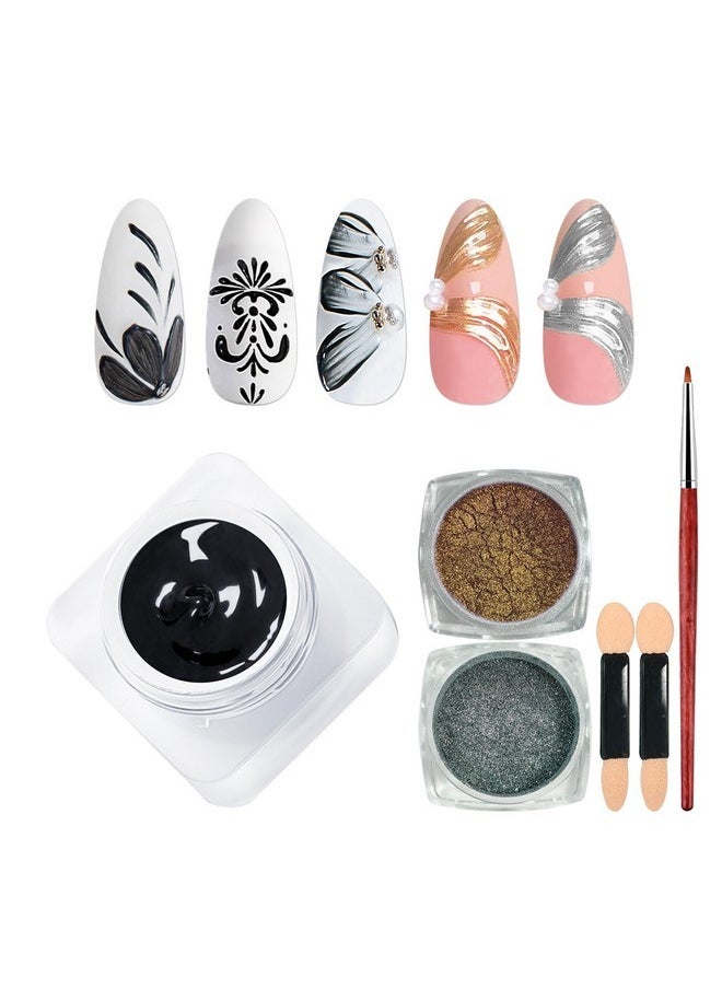 U-Shinein Mirco Sculpture Painting Nail Gel With Chrome Nail Powder, 3D Black Painting Carved Nail Gel, Metallic Mirror Effect, Creative Molding Gel For Diy Nail Home Salon Manicure Soak Off Uv Led  - Image 1