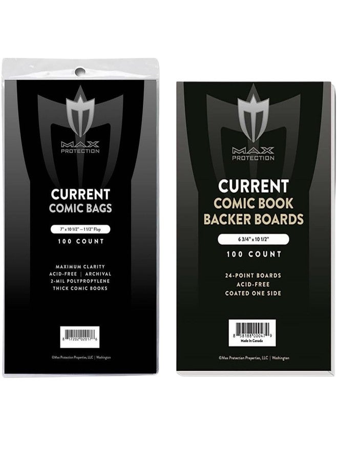 Max Protection Comic Book Bags and Boards - 100 Count - Current Size - 2 Mil Polypropylene Sleeves with Acid-Free 24 Pt Backing Boards - Resealable Flap - Image 1