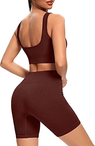 YESDOO Women's Workout Outfits Ribbed Tank 2 Piece Seamless High Waist Gym Outfit Yoga Shorts Leggings Sets - Image 3