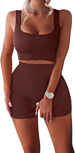 YESDOO Women's Workout Outfits Ribbed Tank 2 Piece Seamless High Waist Gym Outfit Yoga Shorts Leggings Sets - Image 1