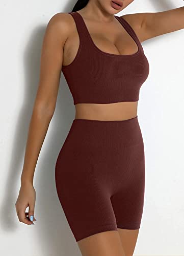 YESDOO Women's Workout Outfits Ribbed Tank 2 Piece Seamless High Waist Gym Outfit Yoga Shorts Leggings Sets - Image 2