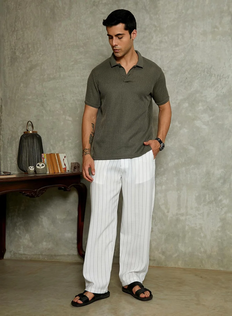 Campus Sutra  Men's Ivory White Pinstriped Chino Trousers for Men | Best Price UAE