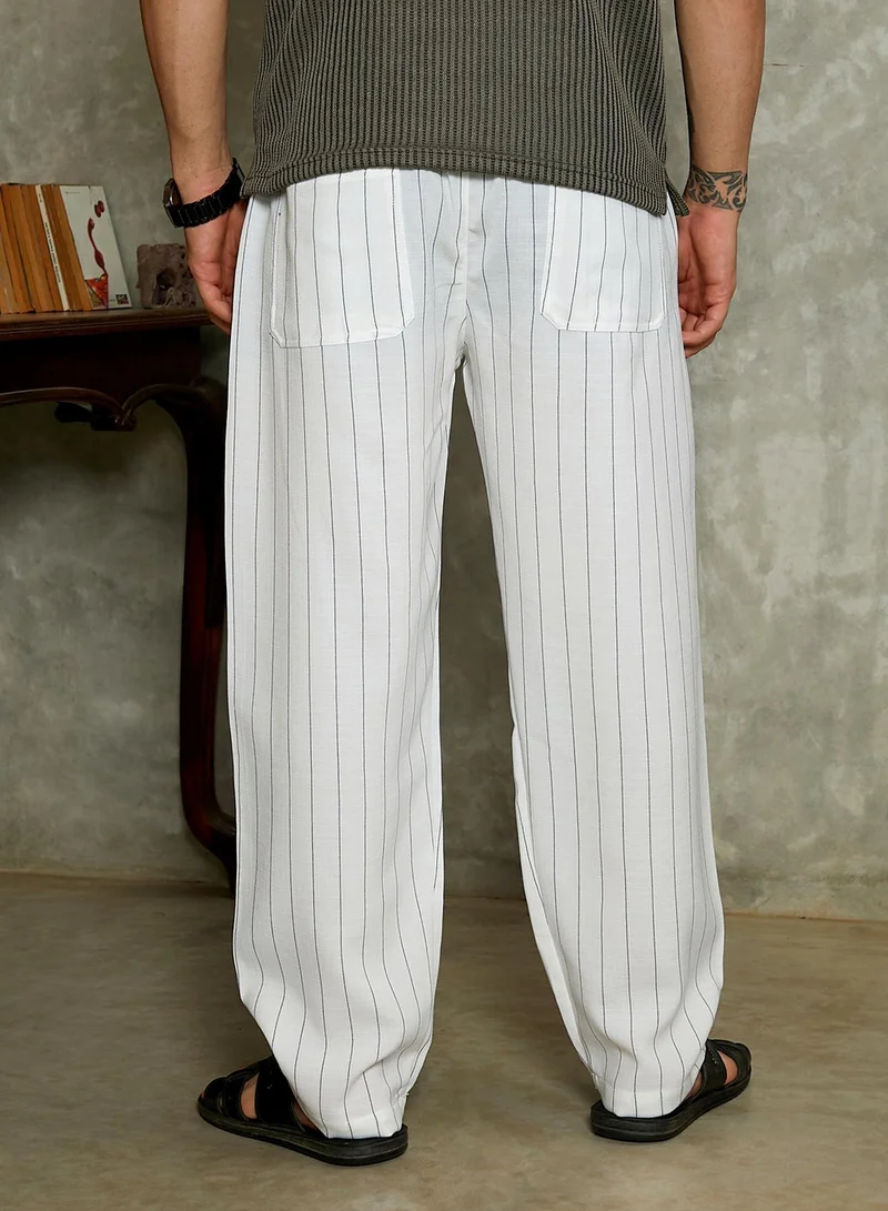 Campus Sutra  Men's Ivory White Pinstriped Chino Trousers for Men | Best Price UAE