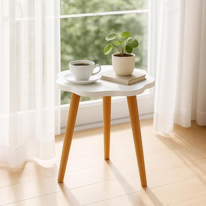 Modern Flower-Shaped Wooden Side Table – 40 cm Round Accent Table | Elegant MDF & Beech Wood Design for Living Room, Bedroom & Office - Image 1